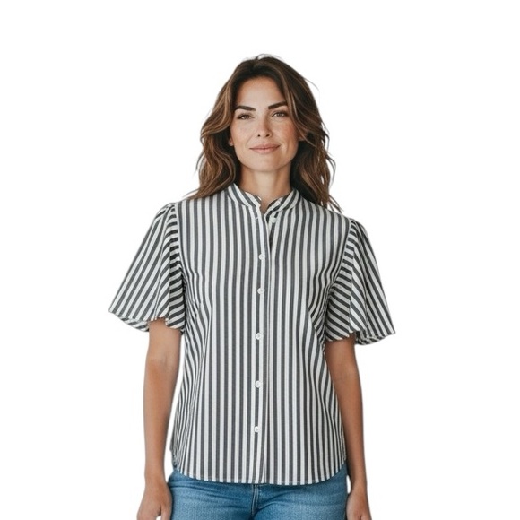 Kate Spade Broome Street striped comfort career, preppy, flutter sleeves shirt - Picture 1 of 11